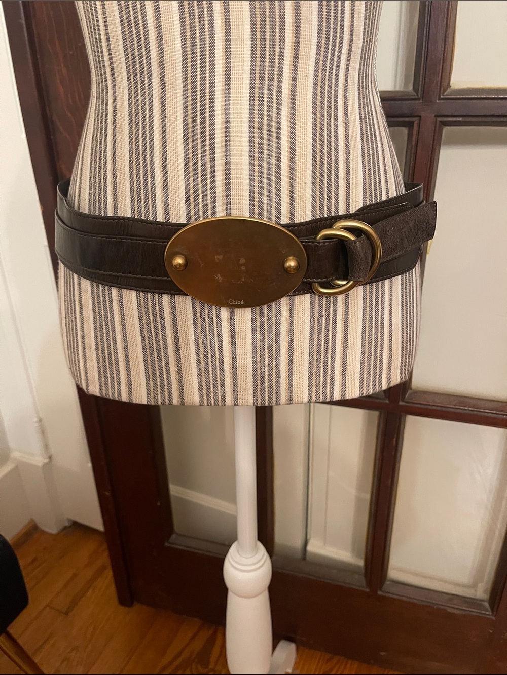Vintage Chloe signed brown leather brass hardware belt.